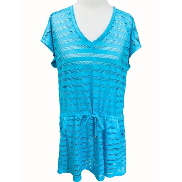 Calvin Klein Womens Large Vneck Short Sleeve Romper Dress Cover Up Swimwear Blue - Picture 1 of 8